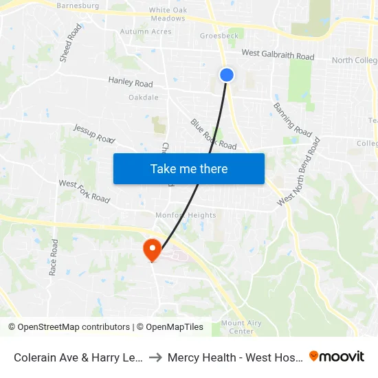 Colerain Ave & Harry Lee Ln to Mercy Health - West Hospital map