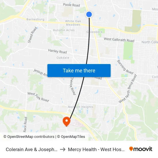 Colerain Ave & Joseph Rd to Mercy Health - West Hospital map