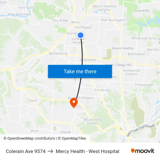Colerain Ave 9574 to Mercy Health - West Hospital map