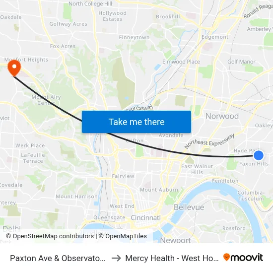 Paxton Ave & Observatory Ave to Mercy Health - West Hospital map