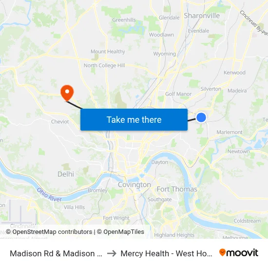 Madison Rd & Madison Bowl to Mercy Health - West Hospital map
