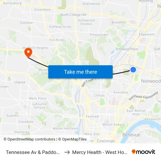 Tennessee Av & Paddock Rd to Mercy Health - West Hospital map