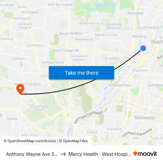 Anthony Wayne Ave 390 to Mercy Health - West Hospital map