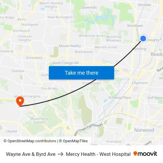Wayne Ave & Byrd Ave to Mercy Health - West Hospital map