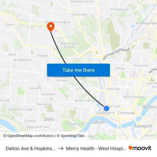 Dalton Ave & Hopkins St to Mercy Health - West Hospital map