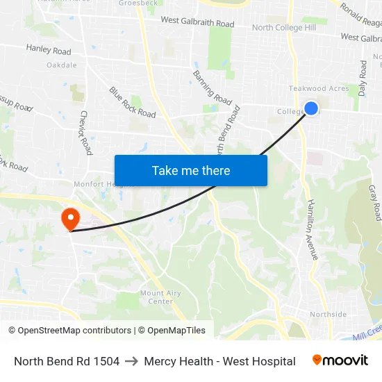 North Bend Rd 1504 to Mercy Health - West Hospital map