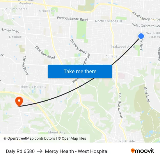 Daly Rd 6580 to Mercy Health - West Hospital map