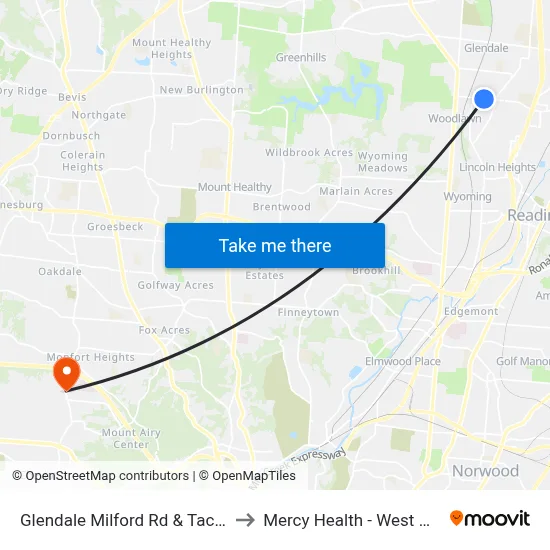 Glendale Milford Rd & Taconic Ter to Mercy Health - West Hospital map