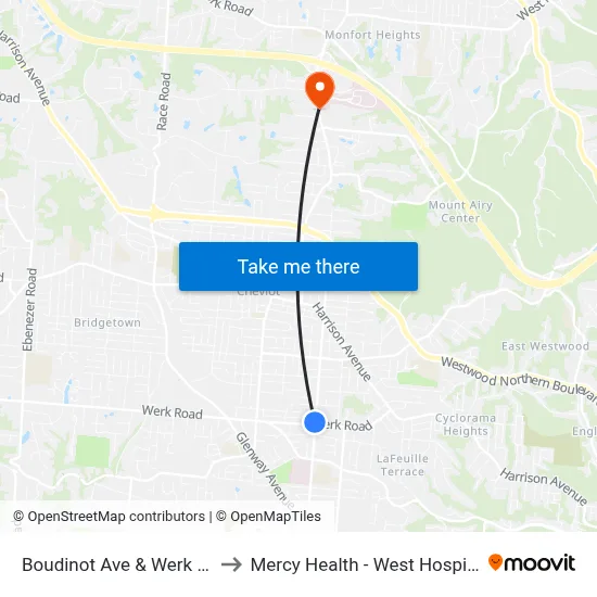 Boudinot Ave & Werk Rd to Mercy Health - West Hospital map