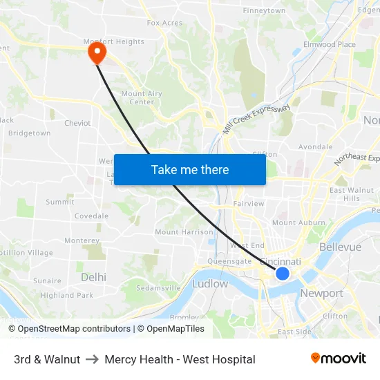 3rd & Walnut to Mercy Health - West Hospital map