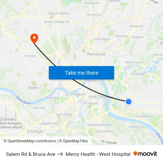 Salem Rd & Bruce Ave to Mercy Health - West Hospital map