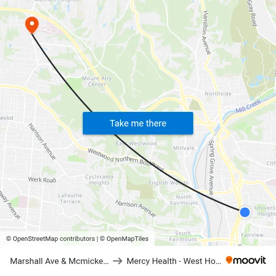 Marshall Ave & Mcmicken Ave to Mercy Health - West Hospital map
