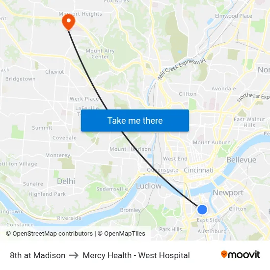 8th at Madison to Mercy Health - West Hospital map