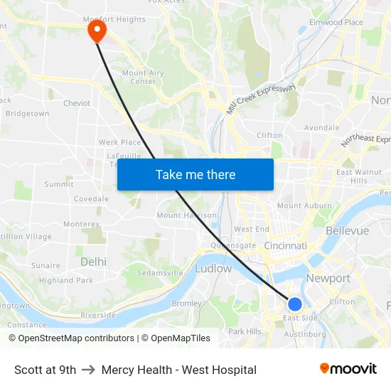 Scott at 9th to Mercy Health - West Hospital map