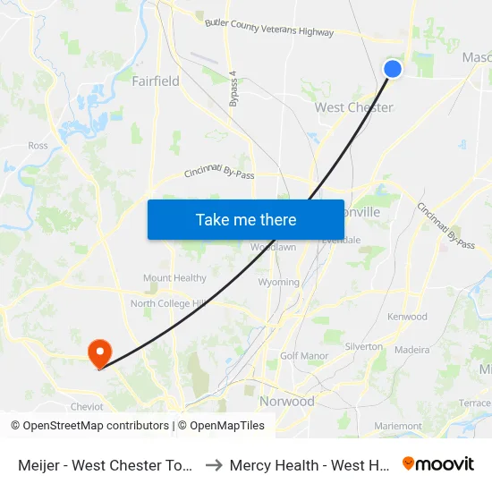 Meijer - West Chester Township to Mercy Health - West Hospital map