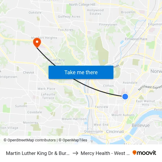 Martin Luther King Dr & Burnet Ave Eb to Mercy Health - West Hospital map