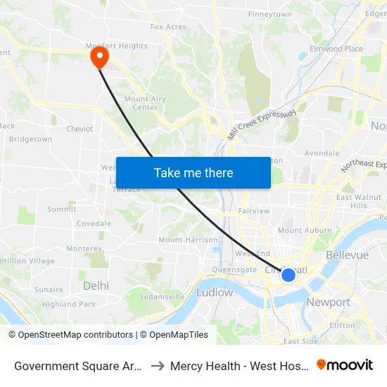 Government Square Area D to Mercy Health - West Hospital map