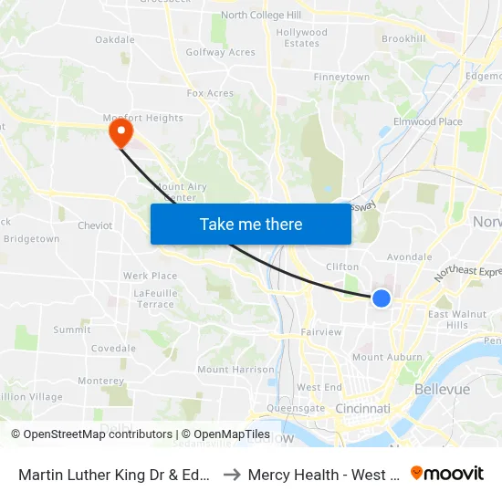 Martin Luther King Dr & Eden Ave Wb to Mercy Health - West Hospital map