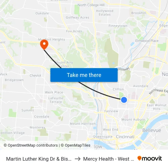Martin Luther King Dr & Bishop St Wb to Mercy Health - West Hospital map