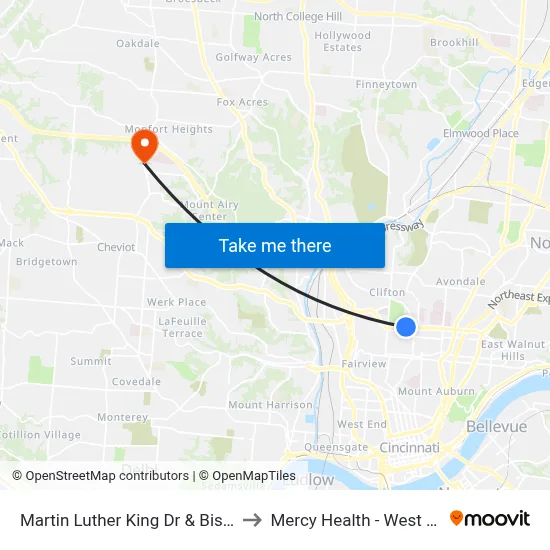 Martin Luther King Dr & Bishop St Eb to Mercy Health - West Hospital map
