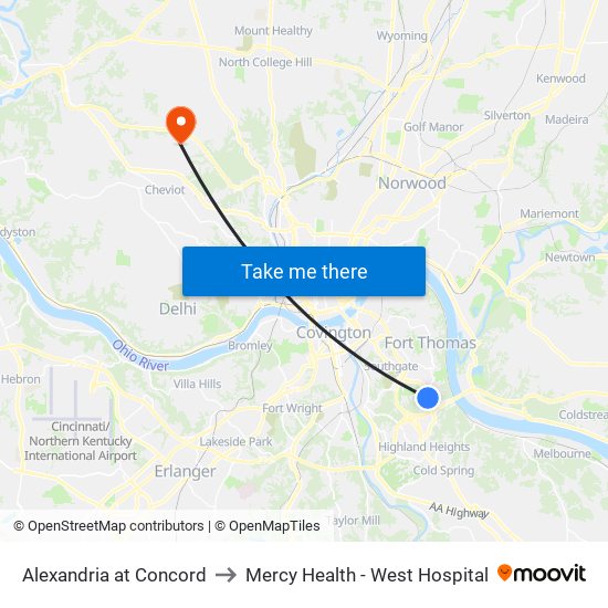 Alexandria at Concord to Mercy Health - West Hospital map