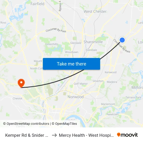 Kemper Rd & Snider Rd to Mercy Health - West Hospital map