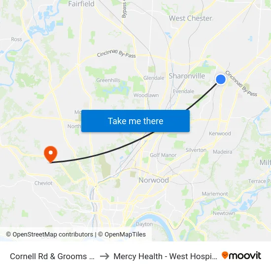 Cornell Rd & Grooms Rd to Mercy Health - West Hospital map