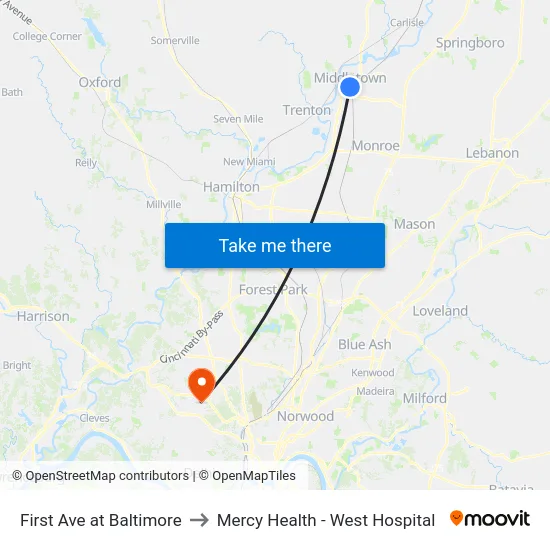 First Ave at Baltimore to Mercy Health - West Hospital map