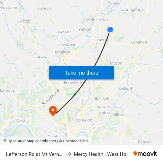 Lefferson Rd at Mt Vernon Ct to Mercy Health - West Hospital map