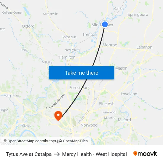 Tytus Ave at Catalpa to Mercy Health - West Hospital map