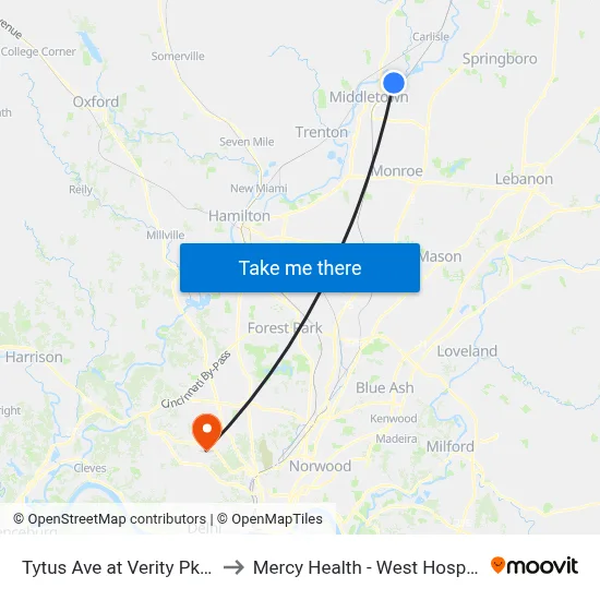 Tytus Ave at Verity Pkwy to Mercy Health - West Hospital map