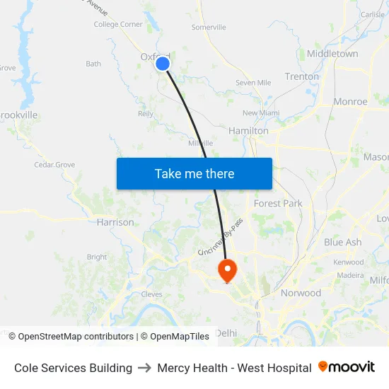 Cole Services Building to Mercy Health - West Hospital map