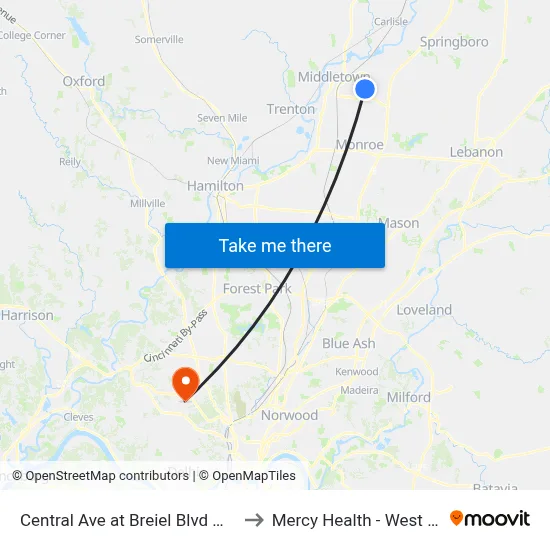 Central Ave at Breiel Blvd Westbound to Mercy Health - West Hospital map