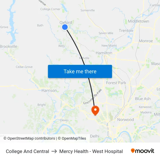 College And Central Nb to Mercy Health - West Hospital map