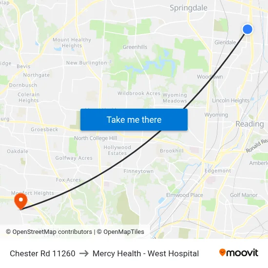 Chester Rd 11260 to Mercy Health - West Hospital map