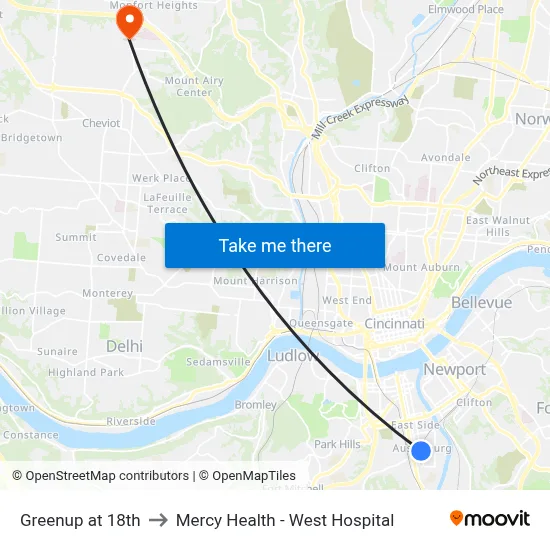Greenup at 18th to Mercy Health - West Hospital map