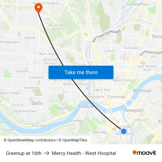 Greenup at 16th to Mercy Health - West Hospital map