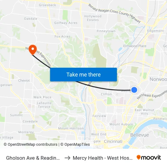 Gholson Ave & Reading Rd to Mercy Health - West Hospital map