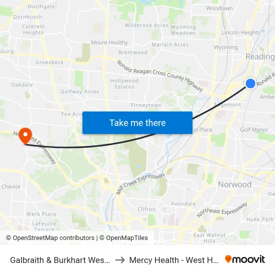 Galbraith & Burkhart Westbound to Mercy Health - West Hospital map