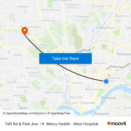 Taft Rd & Park Ave to Mercy Health - West Hospital map