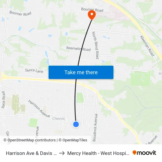 Harrison Ave & Davis St to Mercy Health - West Hospital map