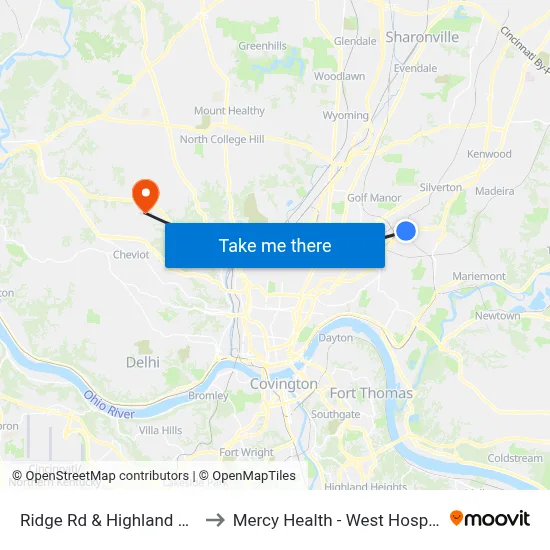 Ridge Rd & Highland Ave to Mercy Health - West Hospital map