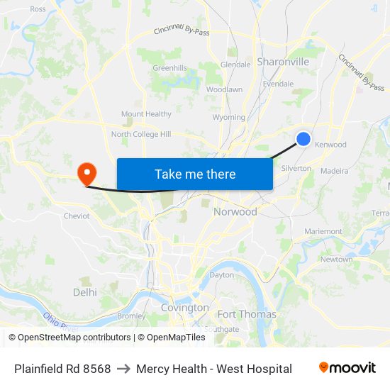 Plainfield Rd 8568 to Mercy Health - West Hospital map