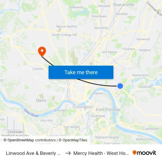 Linwood Ave & Beverly Hill Dr to Mercy Health - West Hospital map