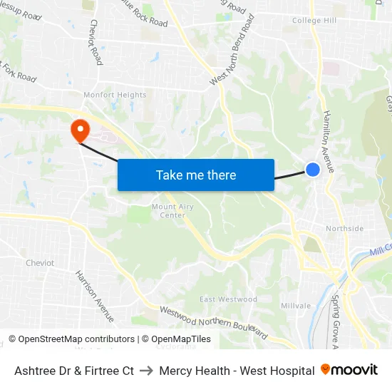 Ashtree Dr & Firtree Ct to Mercy Health - West Hospital map