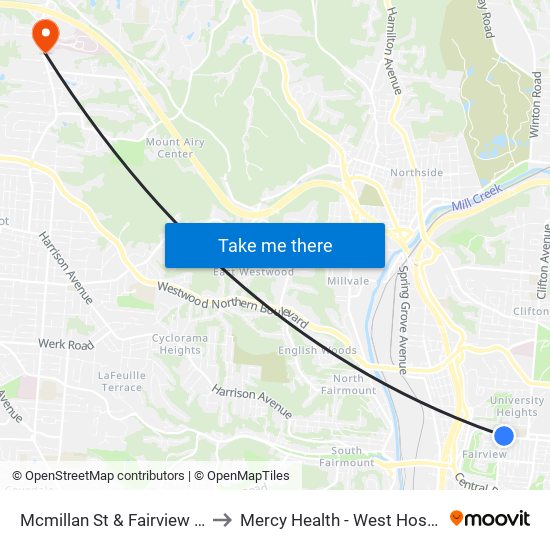 Mcmillan St & Fairview Ave to Mercy Health - West Hospital map