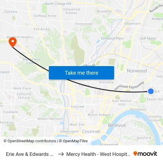 Erie Ave & Edwards Rd to Mercy Health - West Hospital map