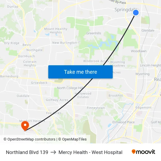 Northland Blvd 139 to Mercy Health - West Hospital map