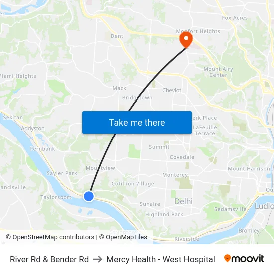 River Rd & Bender Rd to Mercy Health - West Hospital map