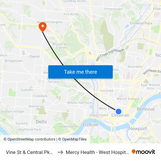 Vine St & Central Pkwy to Mercy Health - West Hospital map